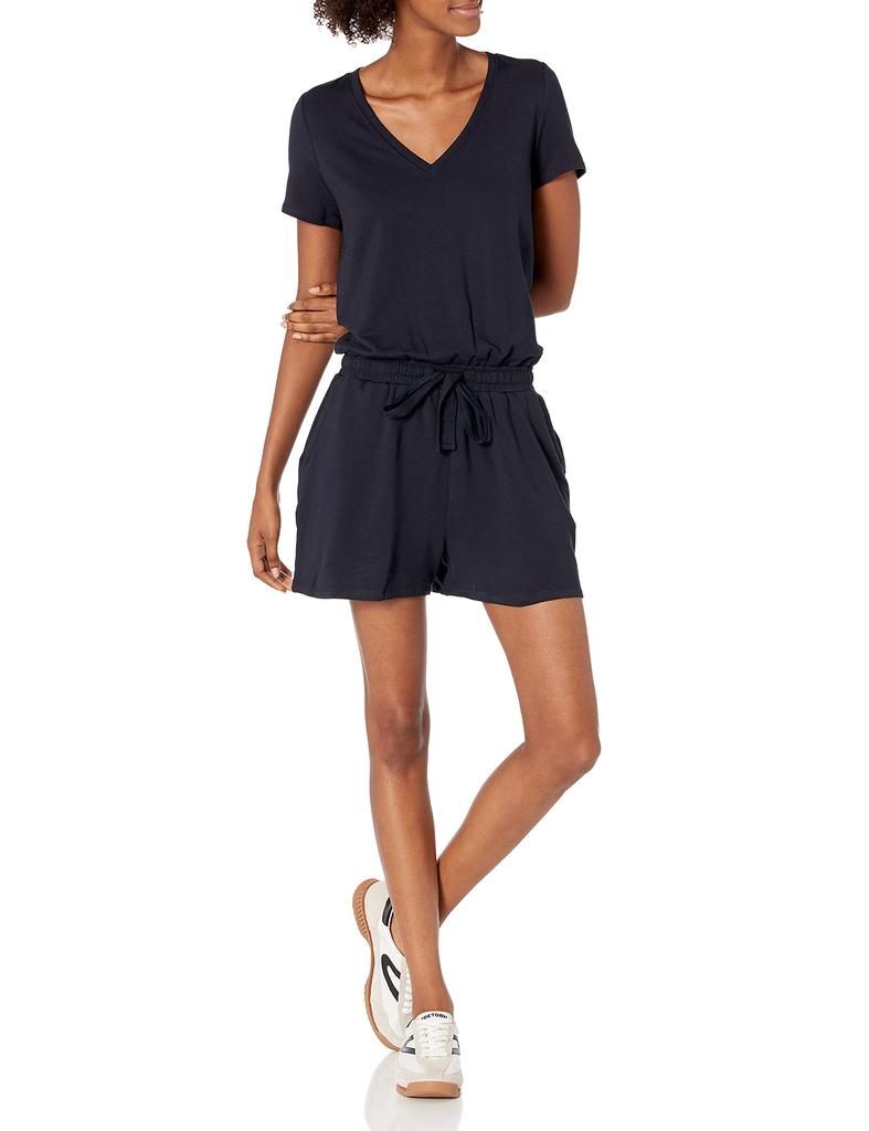 Amazon Essentials Super Soft Terry Cotton Short Sleeve Romper Daily Size L Women's V-Neck (Formerly Ritual) Navy,