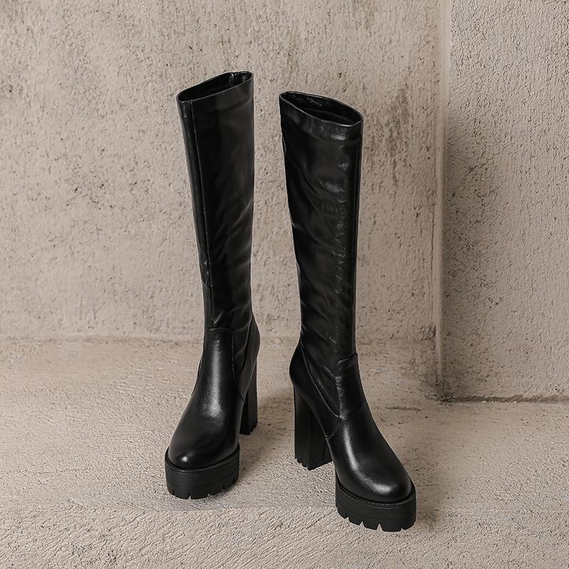 Women's high-heeled boots autumn and winter new waterproof table thick-heeled large-size solid-color medium boots