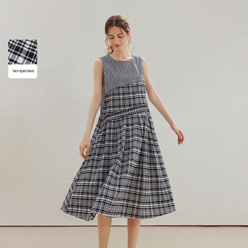 INMAN Plaid Patchwork Sleeveless A-line Dress M