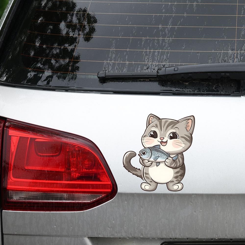 Cartoon Kitten Catching Fish Glass Car Beautification Decoration Stickers