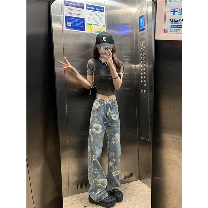 

Plus Size High Waist Floral Wide Leg Jeans - Women s Retro Summer Loose Fit Pants M (recommended for 95-105 Jin) синій