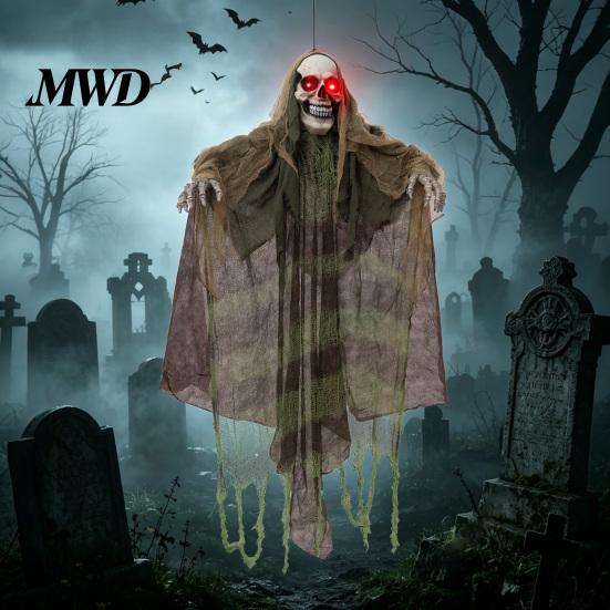 Halloween Hanging Ghost Decorations Animatronics Decoration, Sound Activated Grim Reaper Prop with LED Secret Room Props Glowing Eyes And Creepy