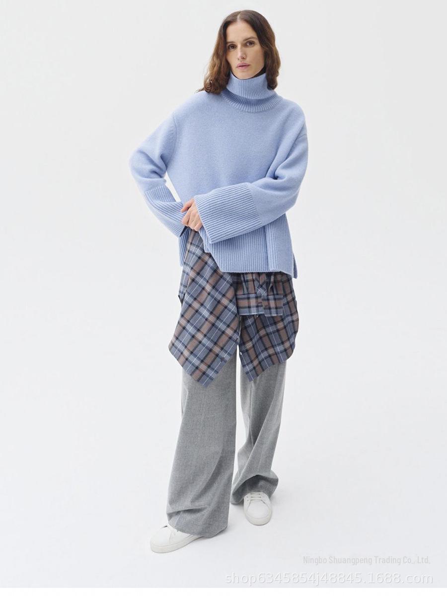 

Женский однотонный свободный свитер с высоким воротом 2024 года на осень и зиму L небесно-голубой