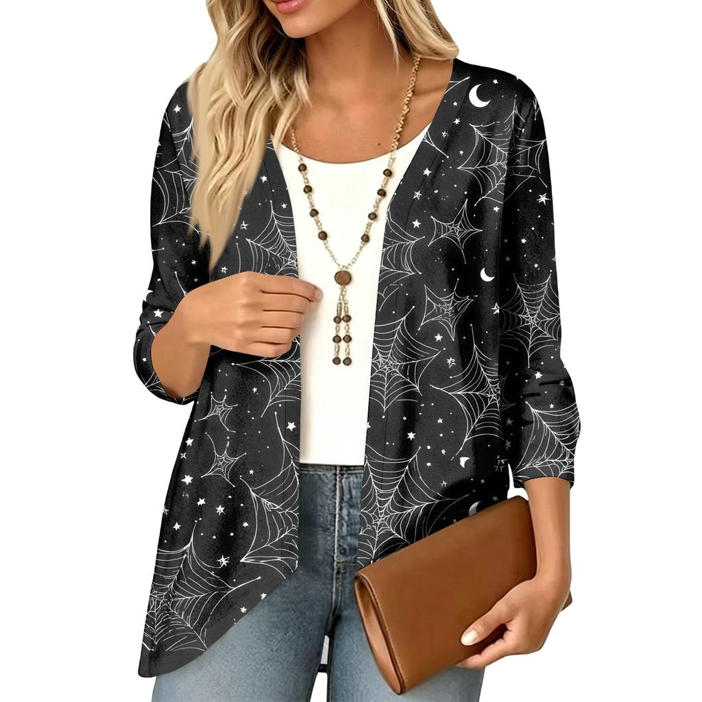Women's Halloween Print 3/4 Sleeve Lightweight Loose Fit Cardigan for Casual Wear