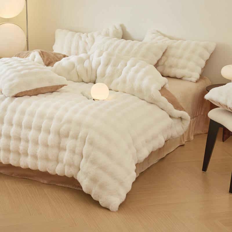 Rabbit Fleece Four-Piece Light Luxury Thickened Milk Fleece Bed Warm Double-Sided Fleece Quilt Cover Mattress Model
