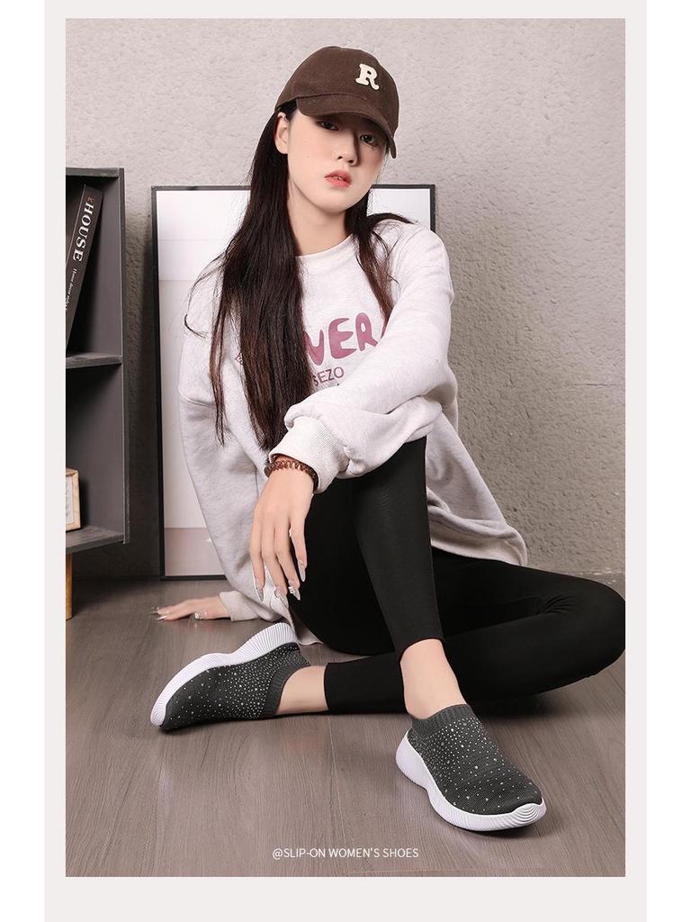Plus Size Rhinestone Stretch Sock Women's Flyknit Casual Shoes - Lightweight & Breathable MD Sole