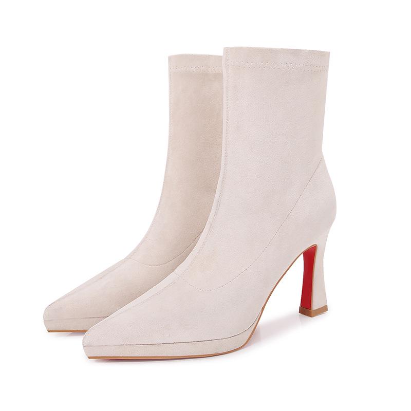 Black Red Sole Suede Platform Ankle Boots: Versatile Elastic Slim Fit, Waterproof, Women's High Heels for Autumn/Winter.
