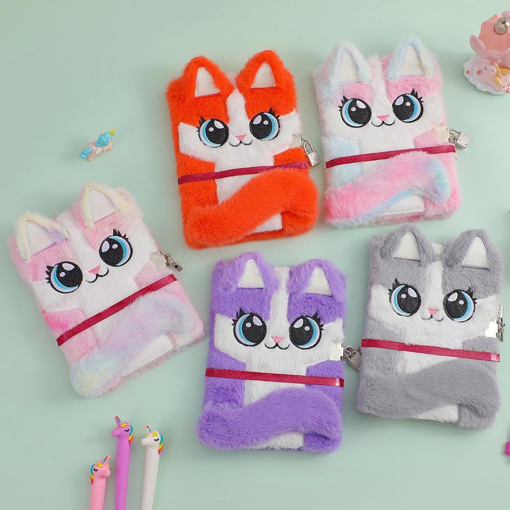 Cute Cat Plush Notebook with Lock 4 Colors Soft Furry Journal Diary, Secret Password Book for Girls Kids School Stationery Gifts
