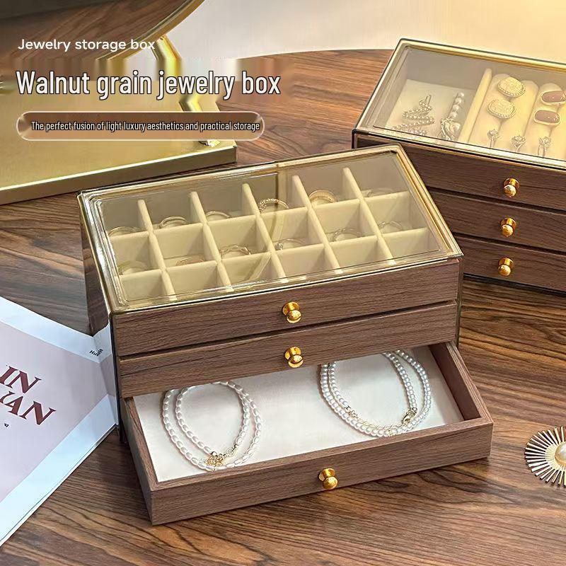 Velvet Walnut Three-Layer Jewelry Box for Earrings, Necklaces, and Bracelets - Large Capacity Display