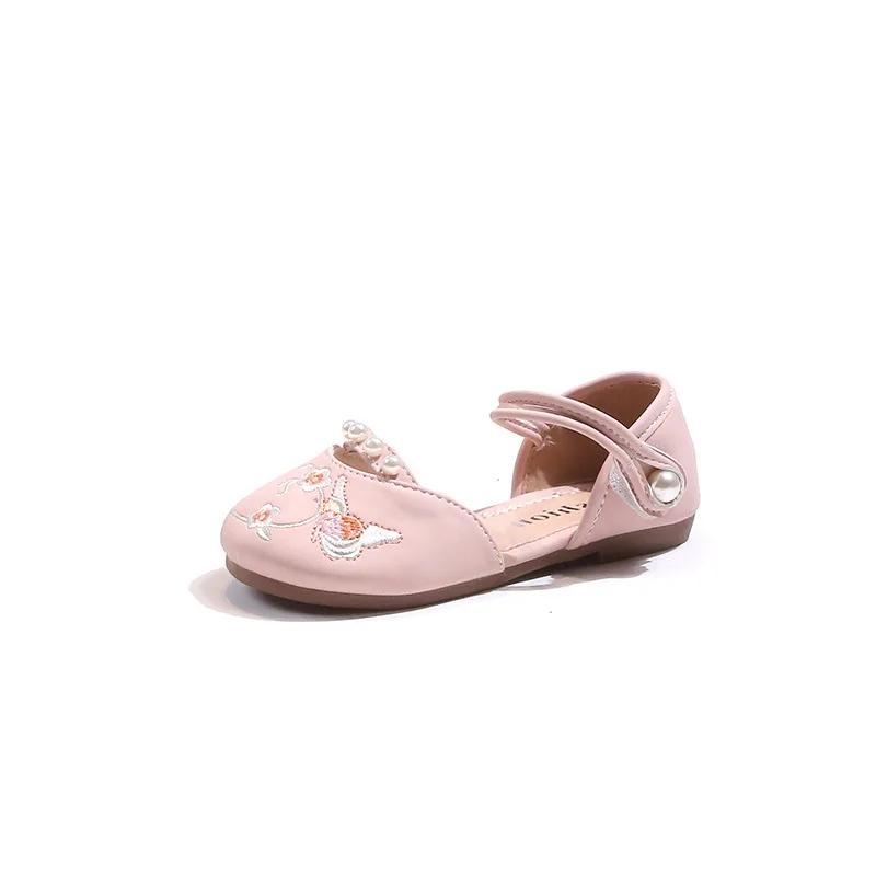 Kids Half Sandals 2024 Summer New Girls Chinese Style Pearl Hollow Flats Children's Elegant Princess Dance Shoes for Party Show