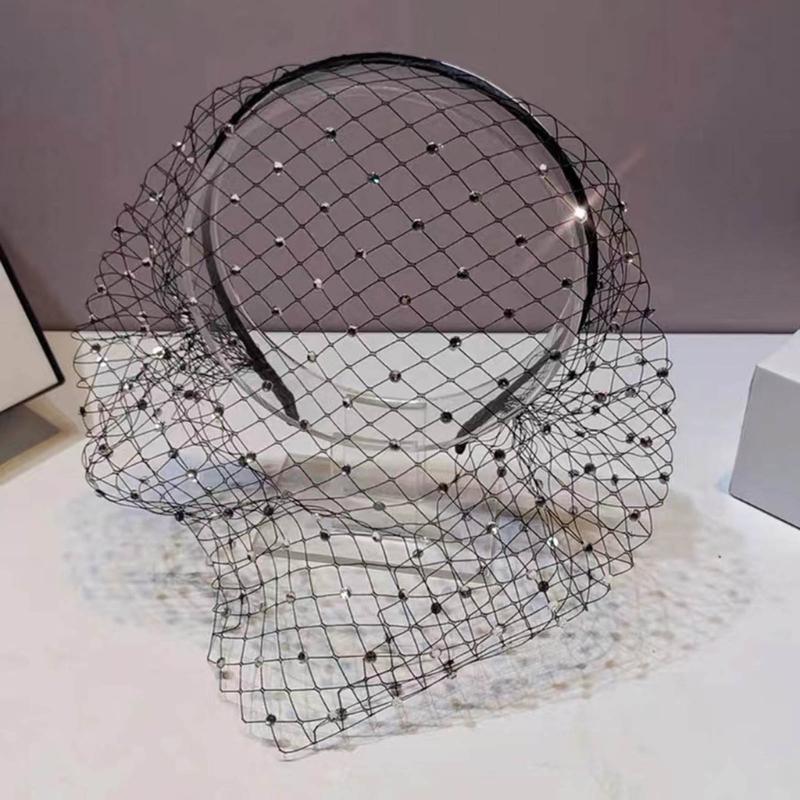 Set of 2 Crystal Face Net Headband Elegant Rhinestones Hair Hoop Ornament Wedding Fascinator Stylish Jewelry for Parties