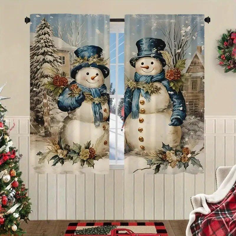 2pcs- Christmas-themed Snowman Pattern Printed Curtains, Christmas Decorations, Home Room Decorations