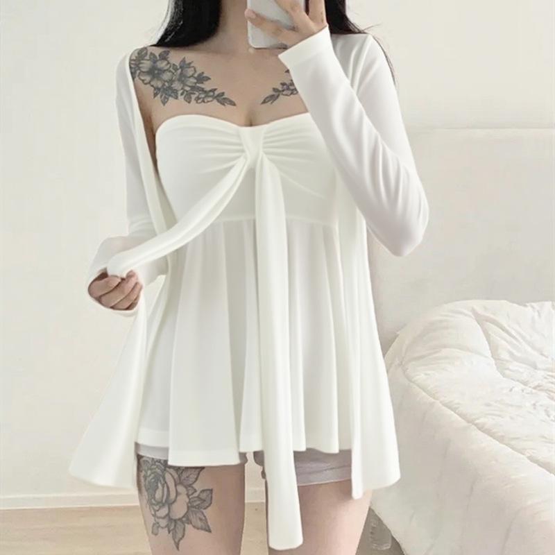 Conjunto de Top sin Mangas con Tirantes Chic de Dongdaemun Coreano y Cárdigan de Manga Larga