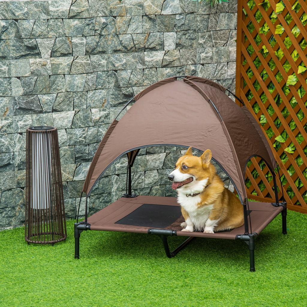 Elevated Dog Bed with Canopy, Pet Bed, Dog Lounger Outdoor with Roof, Breathable, Taffeta Fabric for Camping Coffee 92 X 76 X 90 Cm