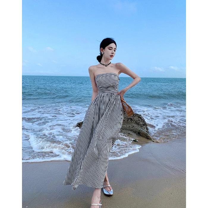 Small sexy tube top contrasting striped shirt dress women s summer new high-end temperament high waist slim skirt S