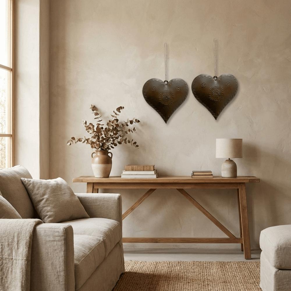 2PCS Vintage Heart Shaped Hanging Pendant Iron Heart Shaped Ornament Wall Decor  for Home