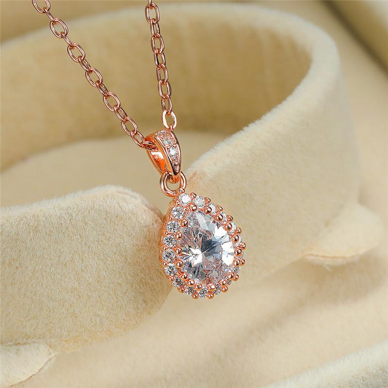 Vintage Female Red Green Pendant Necklace Rose Gold Color Crystal Stone Necklaces For Women Dainty Water Drop Wedding Necklace