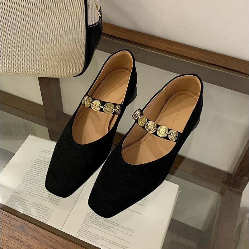 Green shoes shoes women's 2025 new popular autumn and winter suede square head gold coin chain velvet Mary Jane women's shoes