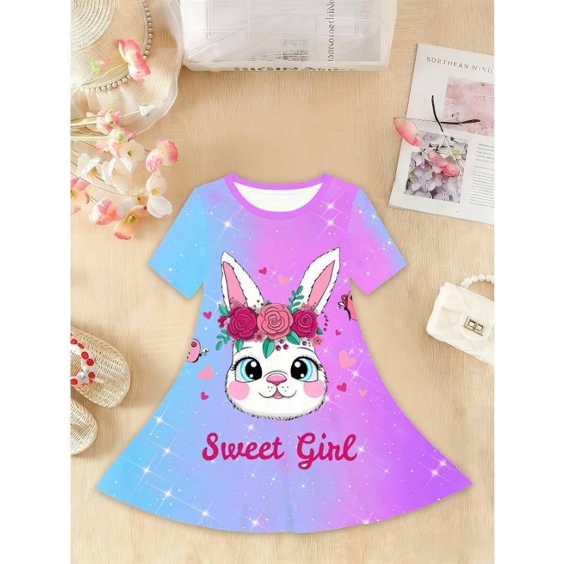 

Girls -Line Short Sleeve Dress with Cute Cat & Flower Print - Machine Washable Round Neck Party Dress Suitable for Spring Summer 110