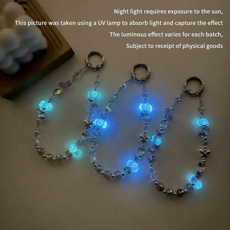Luminous Rose Phone Chain Alloy Butterfly Crystal Keychain Girl Anti-Lost Wrist Strap Bracelet Earphone Case Charm Bag Decor