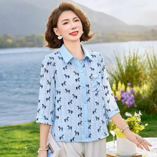 

2026 Summer New Arrivals Fashionable Printed Cardigan for Middle-aged and Elderly Mothers - Seven-Point Sleeve Lapel Shirt 4XL (135-150 jin) синий