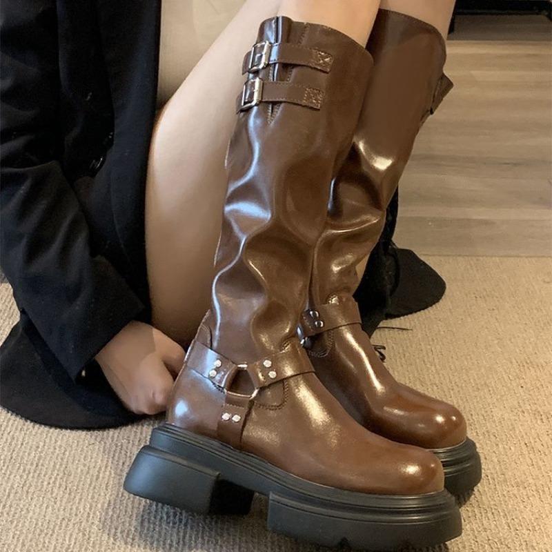Black Square Heel Motorcycle Boots Retro Brown Belt Buckle Round Head Women's Boots Platform Rear Zipper Non-slip Women Shoes