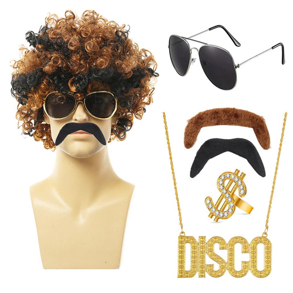Hippie Cosplay Fantasy Afro Hair Wigs Eyeglasses Necklace 70S 80S Disco Party Disguise Costume Accessories Men Fantasia Props