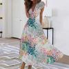 Summer Women Casual Long Dress V Neck Short Sleeve Waist Retraction Printed Flowy Dress
