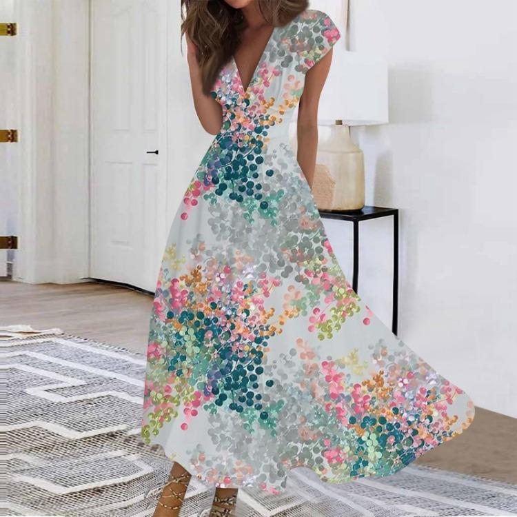 Summer Women Casual Long Dress V Neck Short Sleeve Waist Retraction Printed Flowy Dress