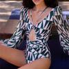 European & American Women's Sexy Gathered Long Sleeve One-Piece Print Swimsuit