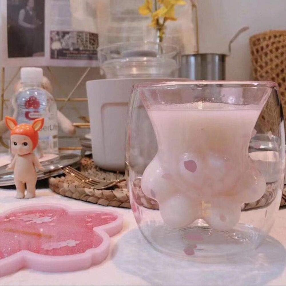 Cat Claw Cup Pink Cherry Printing Cat Paw Mug Cute Cat Foot Shape Transparent Double Wall Coffee Cups Insulated Thermo Milk Tea
