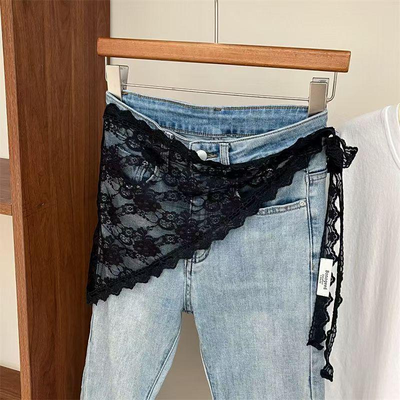 Korean Lace Embroidered Waistband Tulle Skirt with Layered Scarf Accessory