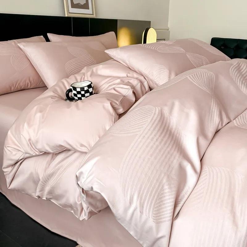 Light Luxury Satin Jacquard Solid Fitted Sheet Sets Pure Cotton Skin-Friendly Soft Quilt Cover 1.5/1.8M Bed Bedding for Adults