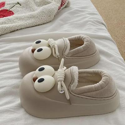 Women's Plush Cartoon Eye Slippers: Cozy, Non-Slip, Thick-Soled Indoor Cotton Shoes for Autumn & Winter.