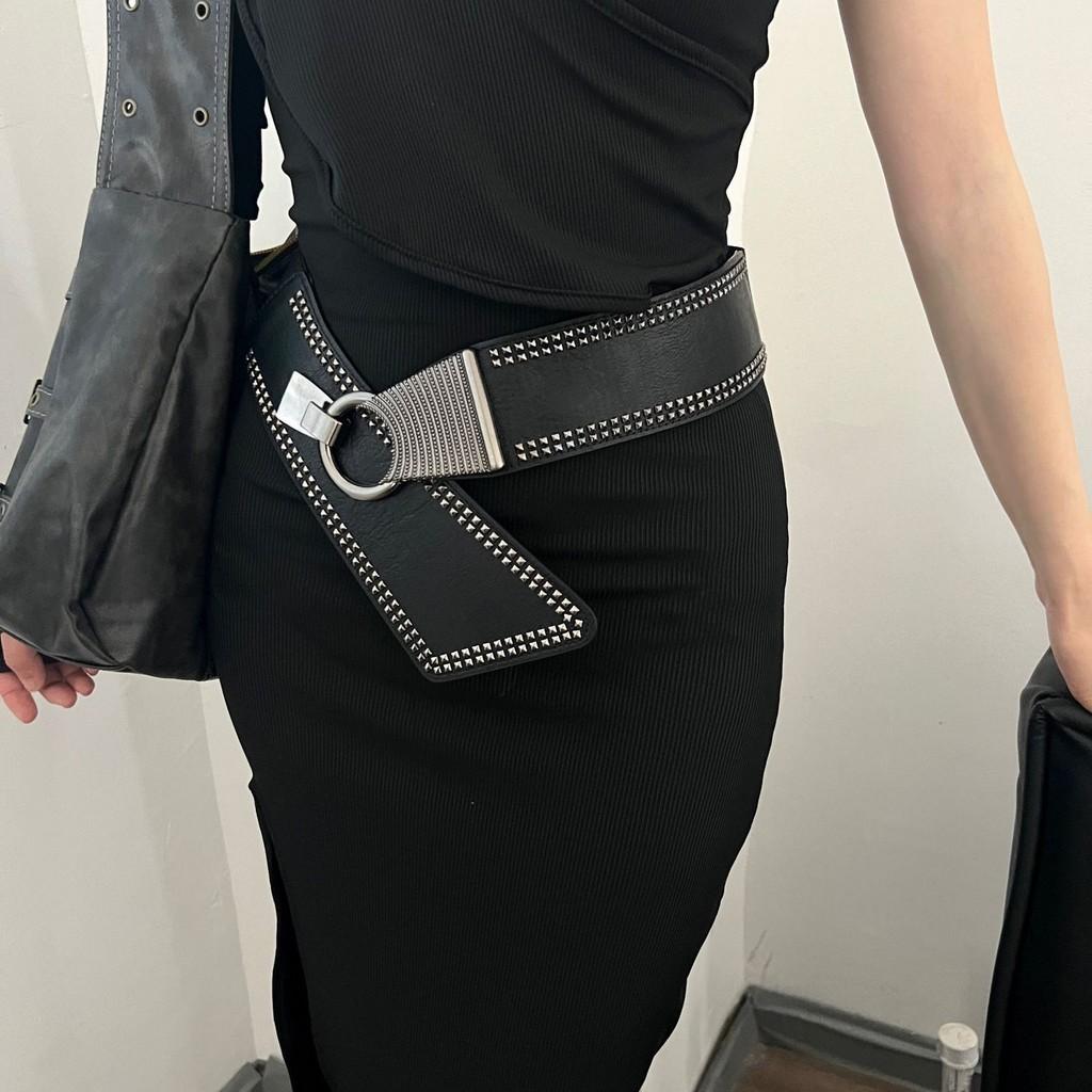 Fashion Decoration Rivet Women Casual Solid Color Elastic Waistband Wide