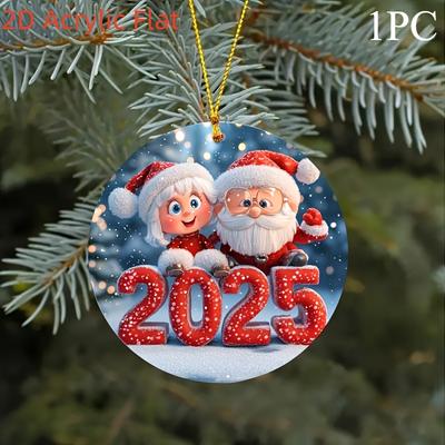 1PC 2D Flat Classic Santa Claus and Snowman, Faux Leather Christmas Ornament, 2025 Round Festive Hanging Pendant Family Party Decoration