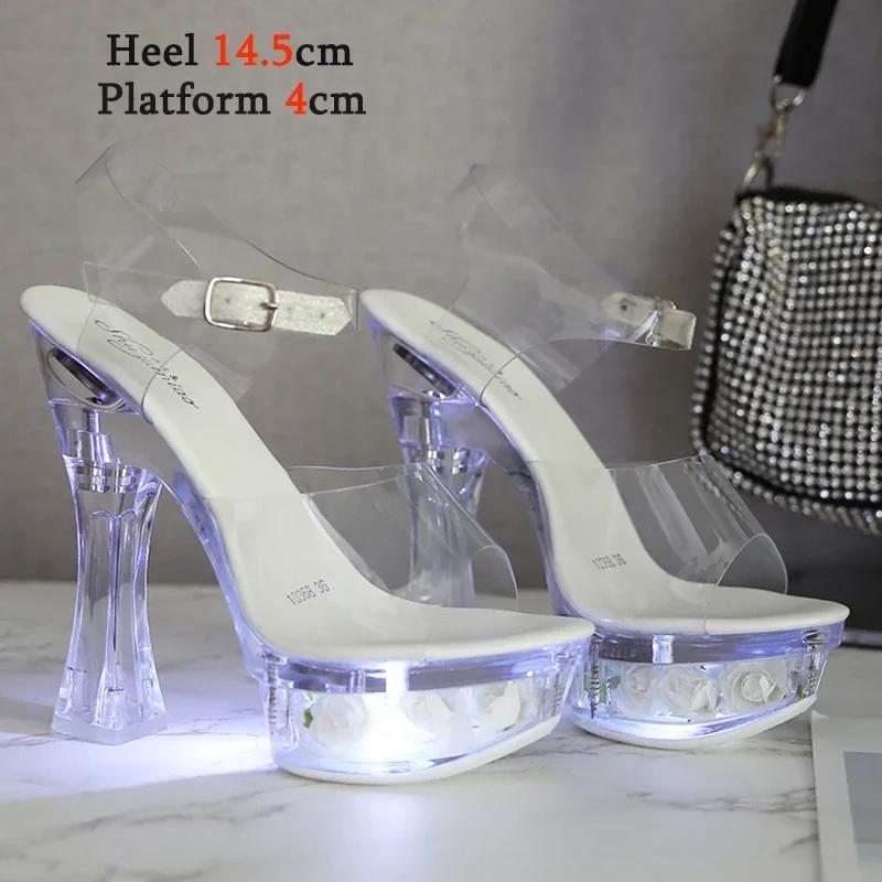 Fashion Designer Sandals Sandalias Women 2025 Summer New Flowers Transparent High Heels 14.5cm Platform Thick Heel Ladies Banquet Shoes