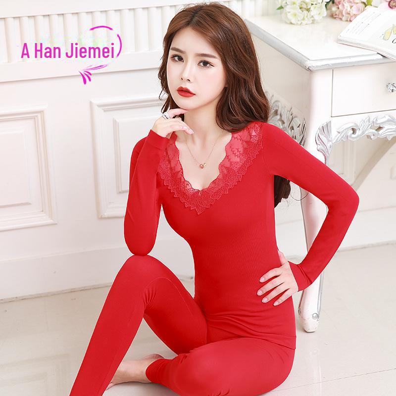 Women's Plus Size Benmingnian Red Thermal Autumn Wear Set: Top & Bottom Suit