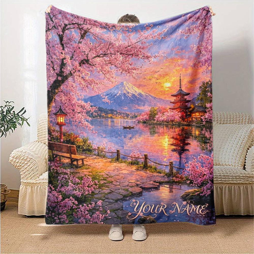 Name Custom Mount Fuji Cherry Blossoms Print Flannel Blanket High Quality Warm Comfortable Cover for All Seasons Perfect for Gifts Home Decor