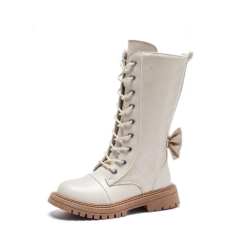 British Style Girls High Boots 2024 New Versatile Autumn and Winter Kids Soft Sole Sweet Simple Non-slip Back Bow Princess Boots