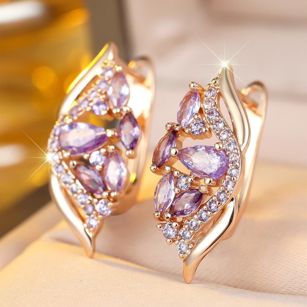 Elegant Purple Zircon Drop Earrings for Women Luxury Gold Color Wedding Party Jewelry Gifts