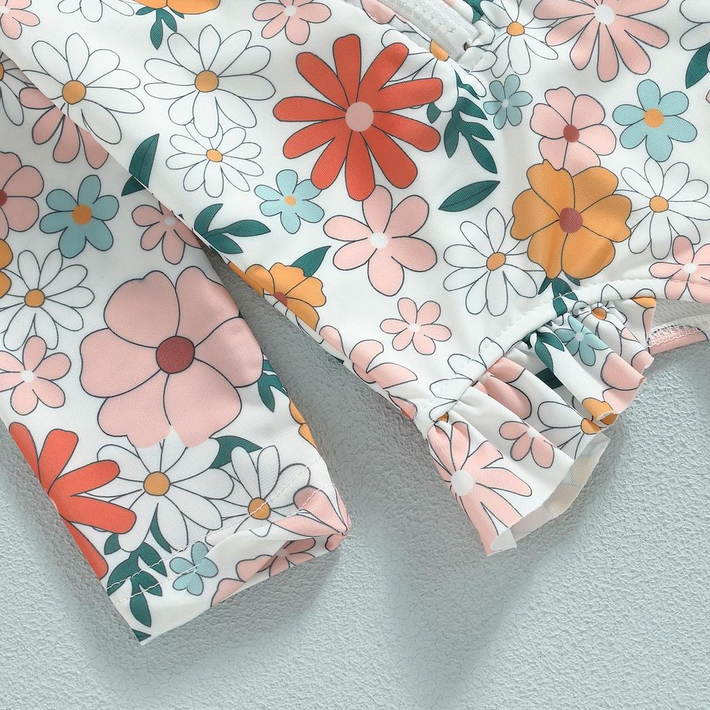 Dziecięce stroje kąpielowe dla dziewczynek 12M 18M 24M 3Y 4Y 5Y Letnie kwiatowe z długim rękawem Z zamkiem błyskawicznym Kombinezon z falbankami Stroje kąpielowe Kostiumy kąpielowe Kostiumy kąpielowe