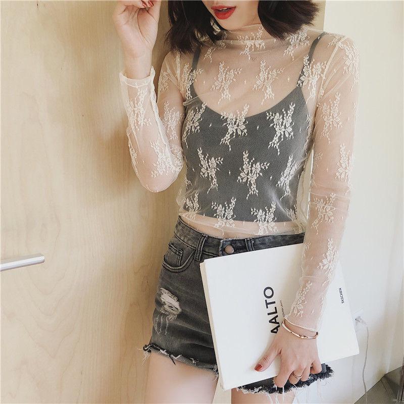 

2024 Women s Sheer Lace Mock Neck Long-Sleeve Top Large абрикосовий