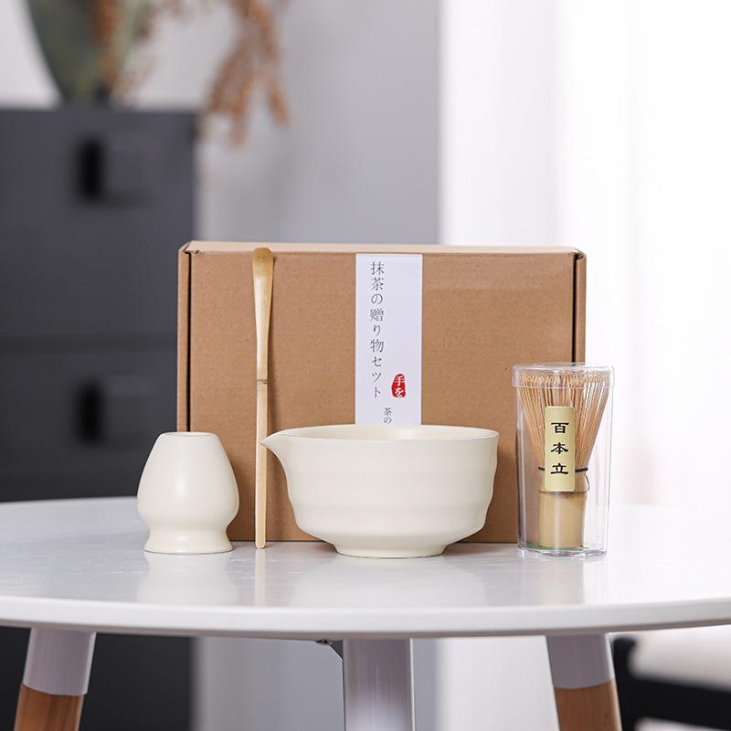 4Pcs Japanese Matcha Set Bamboo Whisk Teaspoon Ceramic Bowl Tranditional Tea Set Home Tea-Making Tools Accessories Birthday Gift