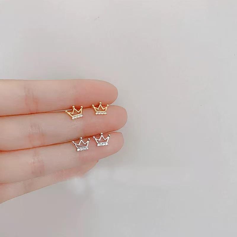 S925 Sterling Silver Korean-Style Diamond-Inlaid Cute Crown Stud Earrings for Women