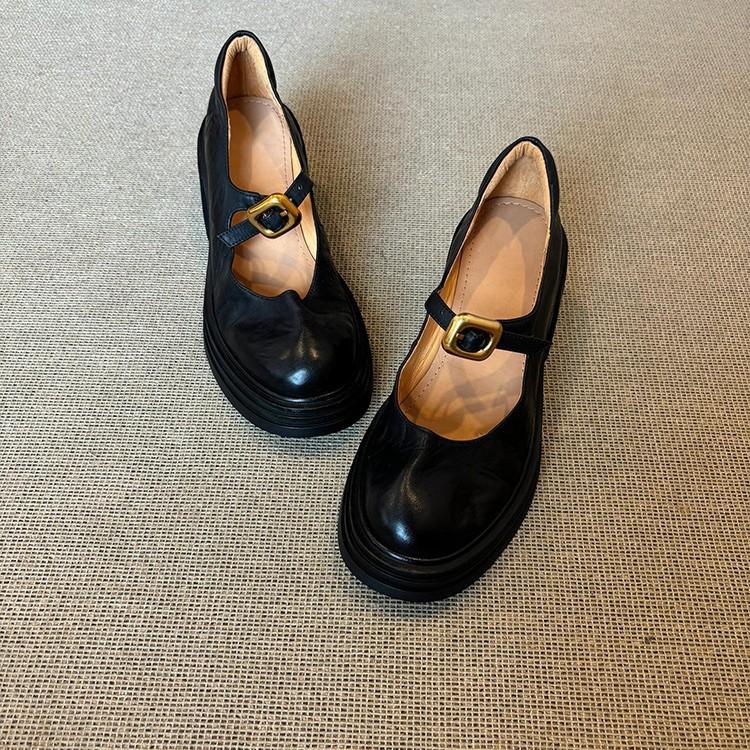Sheepskin Version~ British Versatile Thick-soled Round-headed Small Leather Shoes for Women's Retro Shallow Mouth One-word Buckle Thick-heeled Mary