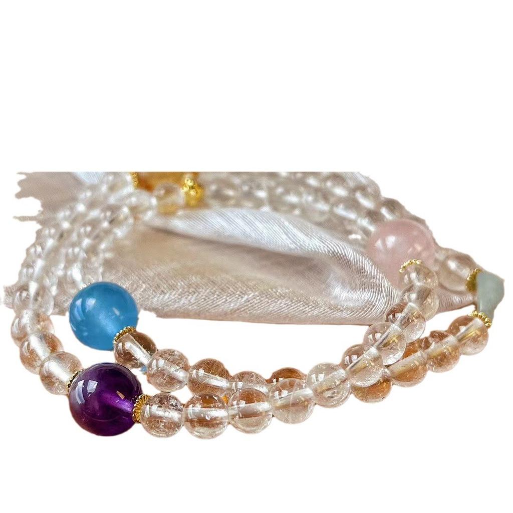 Vintage Natural White Crystal, Rose Quartz, Amethyst, Multi-Treasure Multi-Circle Beaded Bracelet, Niche High-End Bracelet Woman