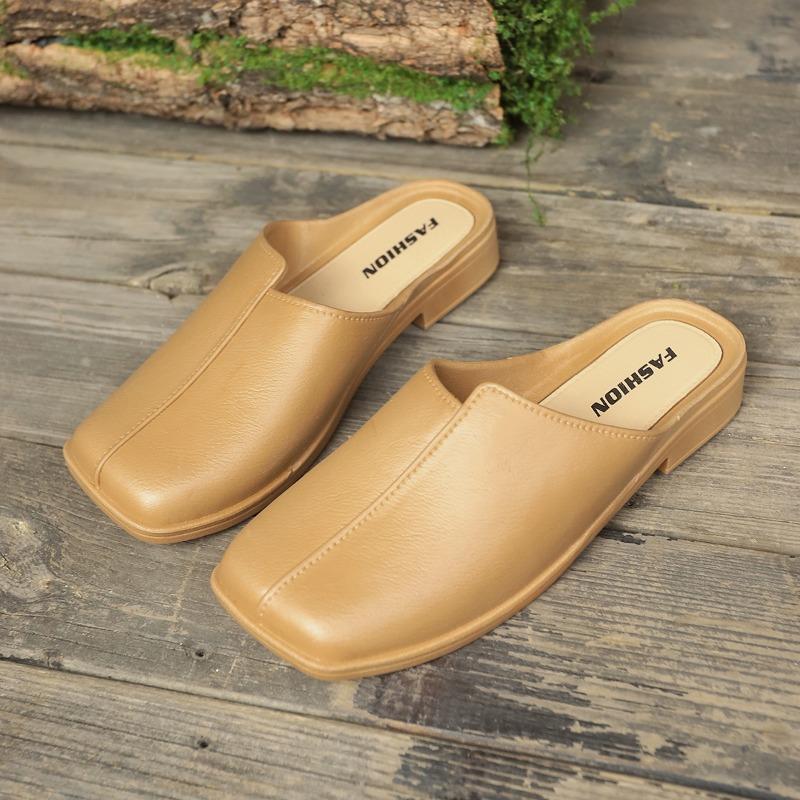 

Fashion Spring New Baotou Slippers Women s Fashion Square Head Deep Mouth Waterproof Soft Sole Anti-slip Wear-resistant Flat Sandals 40 абрикосовый
