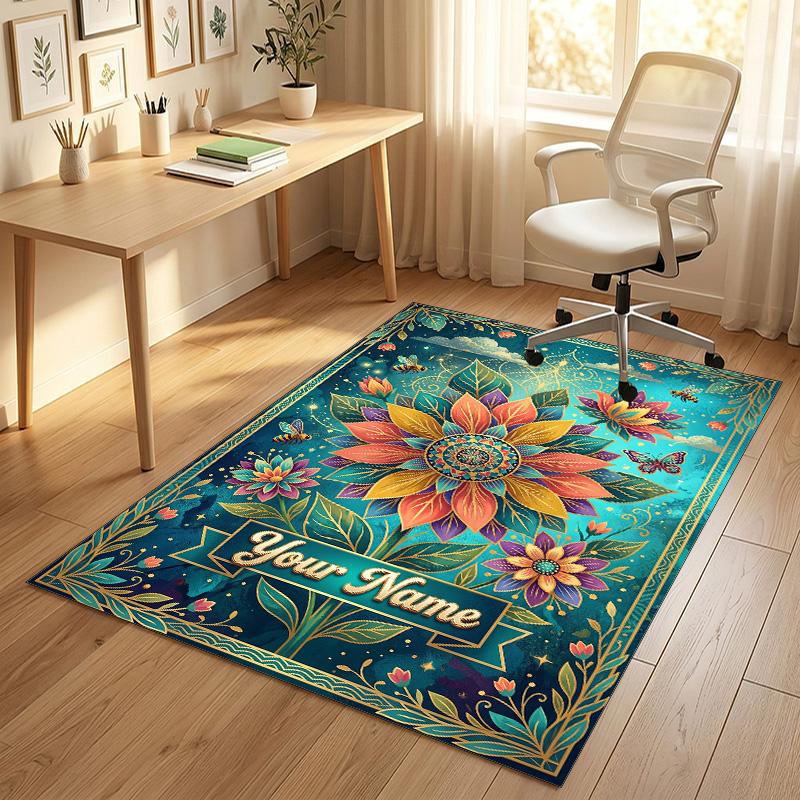 Floral Fantasy Theme Soft Crystal Velvet Rug Custom Name & Text Print Non Slip Floor Rug for Bedroom Living Room