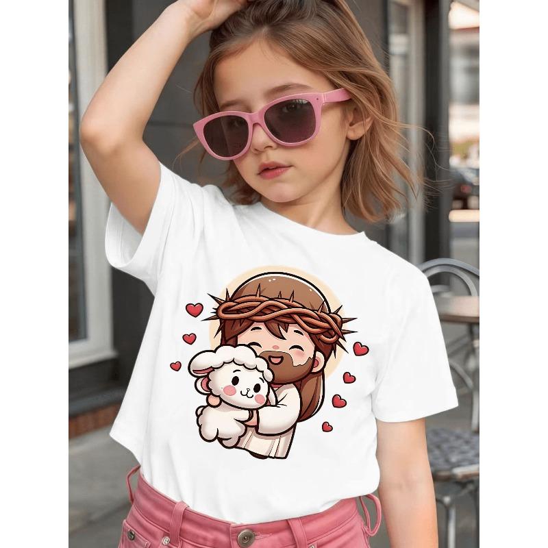 Girls Crewneck Short Sleeve Tee, Cute Cartoon Jesus Hugging Lamb & Heart Print Casual Kids Top 110 белый